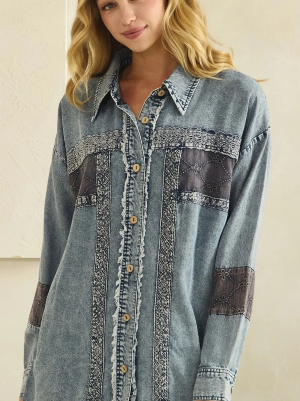 Oli & Hali Washed Blue Denim Button-Down Shirt With Eyelet Trim